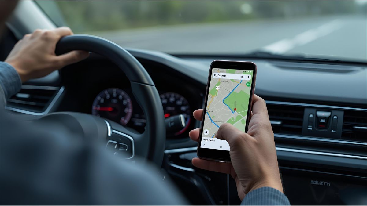 Car dashboard with Google Maps open showing a navigation route