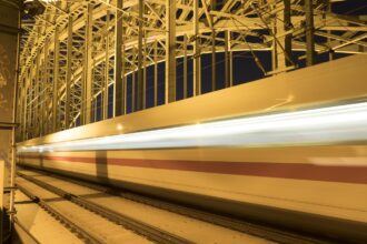 German ICE train on tracks at night after emergency stop