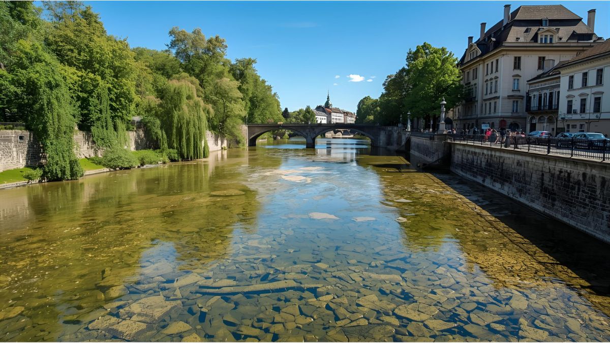 Low water level of the Isar River near Praterinsel in Munich during maintenance works.