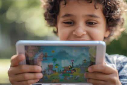 Child using tablet device symbolizing Karlsruhe court case on in-app purchases.