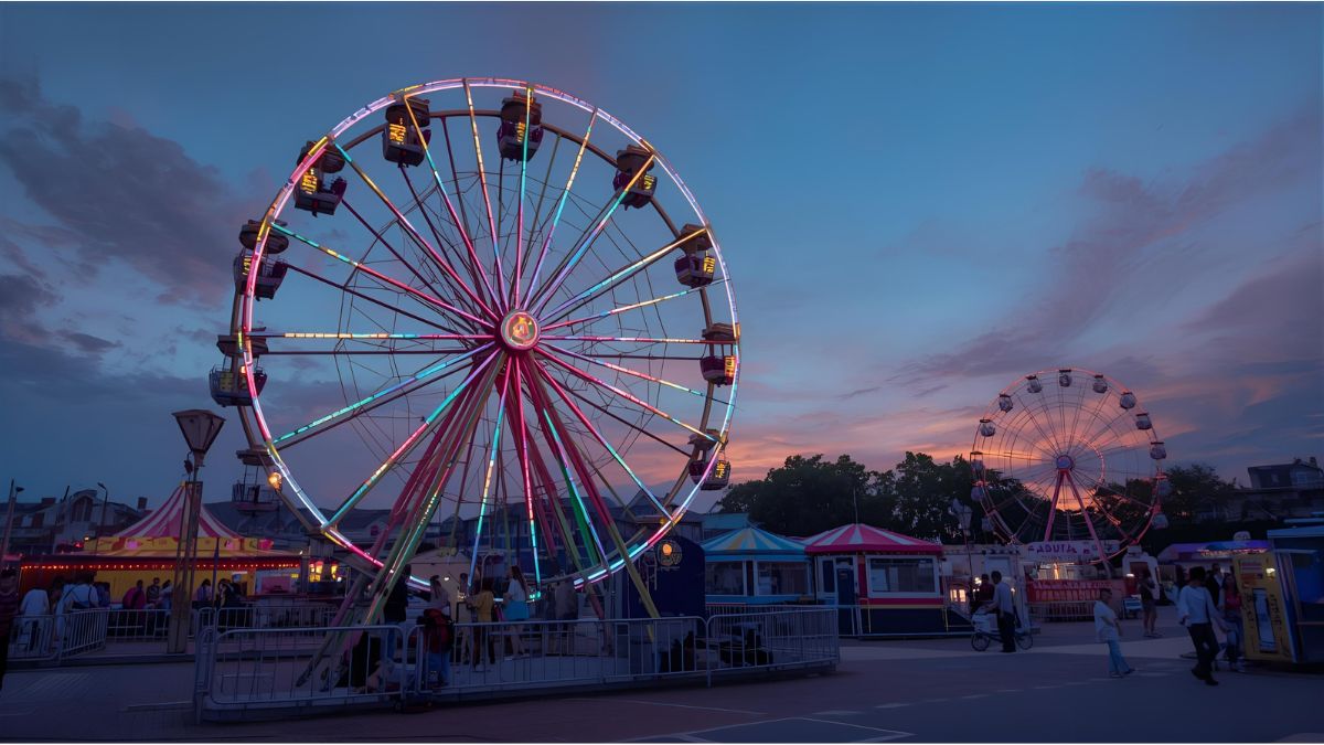 Ferris wheel and market stalls at Munich’s Kirchweihdult on Mariahilfplatz