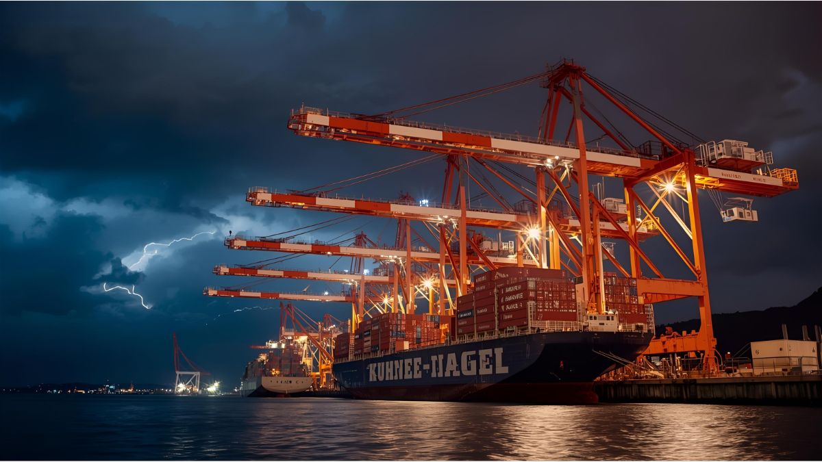 Kühne+Nagel shipping containers at a port during slowdown caused by U.S. trade tensions