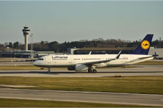 Lufthansa airplane on the runway at Munich Airport as airline reduces domestic routes.