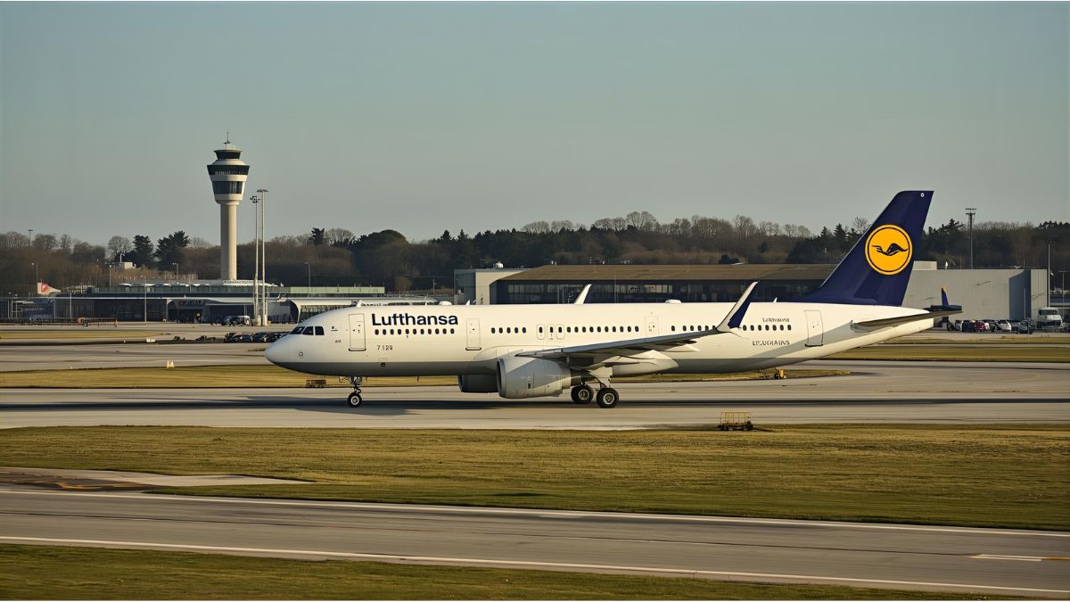Lufthansa airplane on the runway at Munich Airport as airline reduces domestic routes.