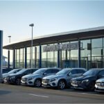 Mercedes-Benz manufacturing site in Stuttgart with cars parked outside