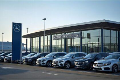 Mercedes-Benz manufacturing site in Stuttgart with cars parked outside