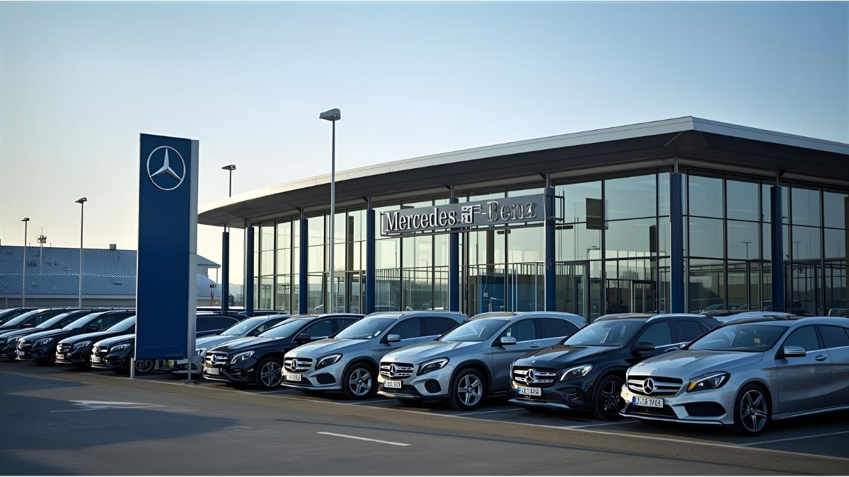 Mercedes-Benz manufacturing site in Stuttgart with cars parked outside