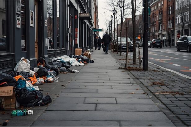 Urban street scene in Berlin or Munich showing diverse people walking in a modern neighborhood, daylight atmosphere.