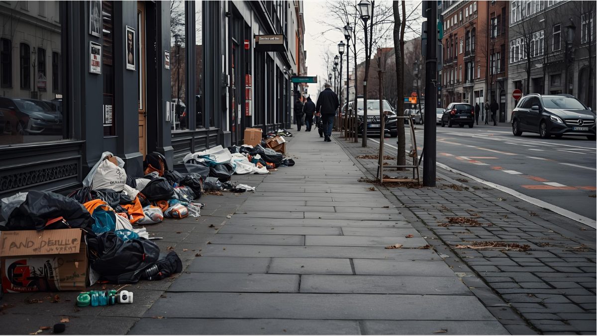 Urban street scene in Berlin or Munich showing diverse people walking in a modern neighborhood, daylight atmosphere.