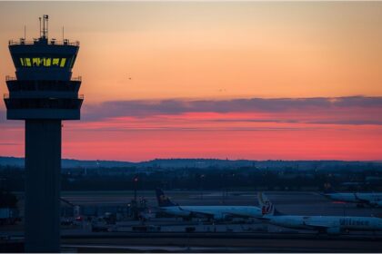 Air traffic control tower at Munich Airport as flights pause due to drone alert
