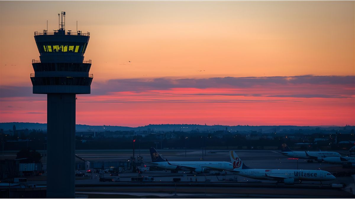 Air traffic control tower at Munich Airport as flights pause due to drone alert