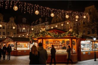 Visitors enjoy Munich’s Marienplatz Christmas market with festive lights and wooden stalls