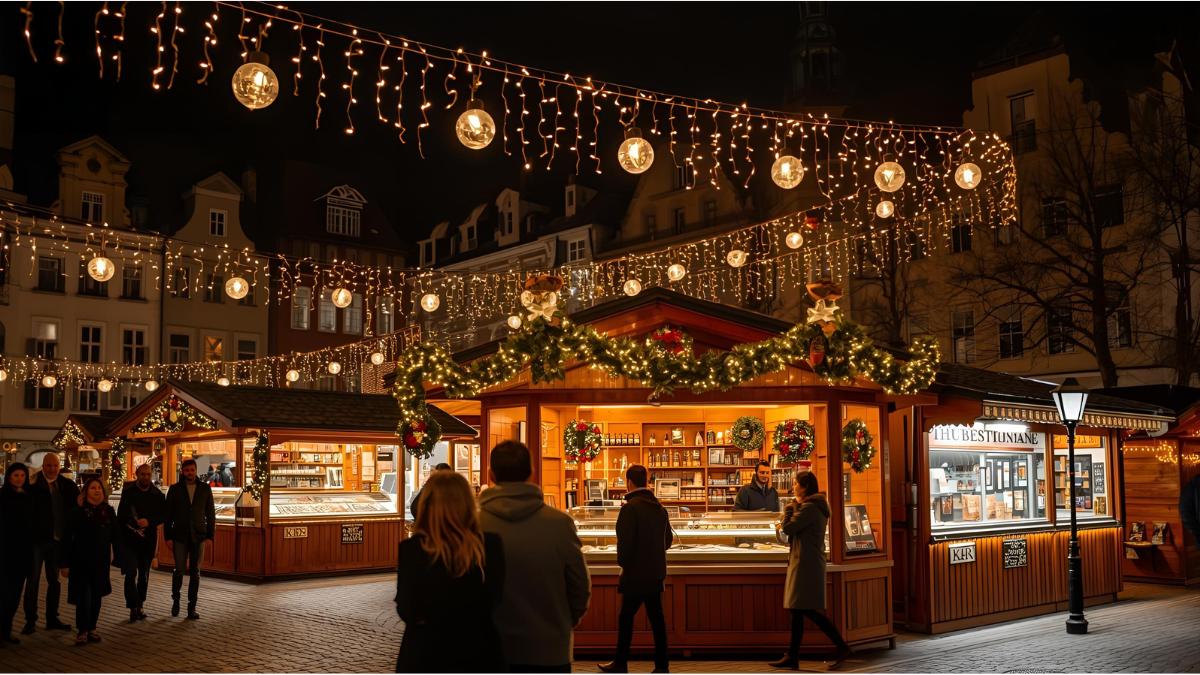 Visitors enjoy Munich’s Marienplatz Christmas market with festive lights and wooden stalls
