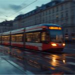 Tram on Landsberger Straße in Munich with blurred evening traffic