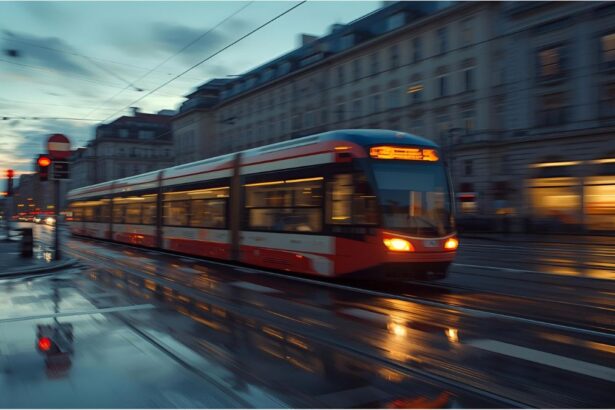 Tram on Landsberger Straße in Munich with blurred evening traffic