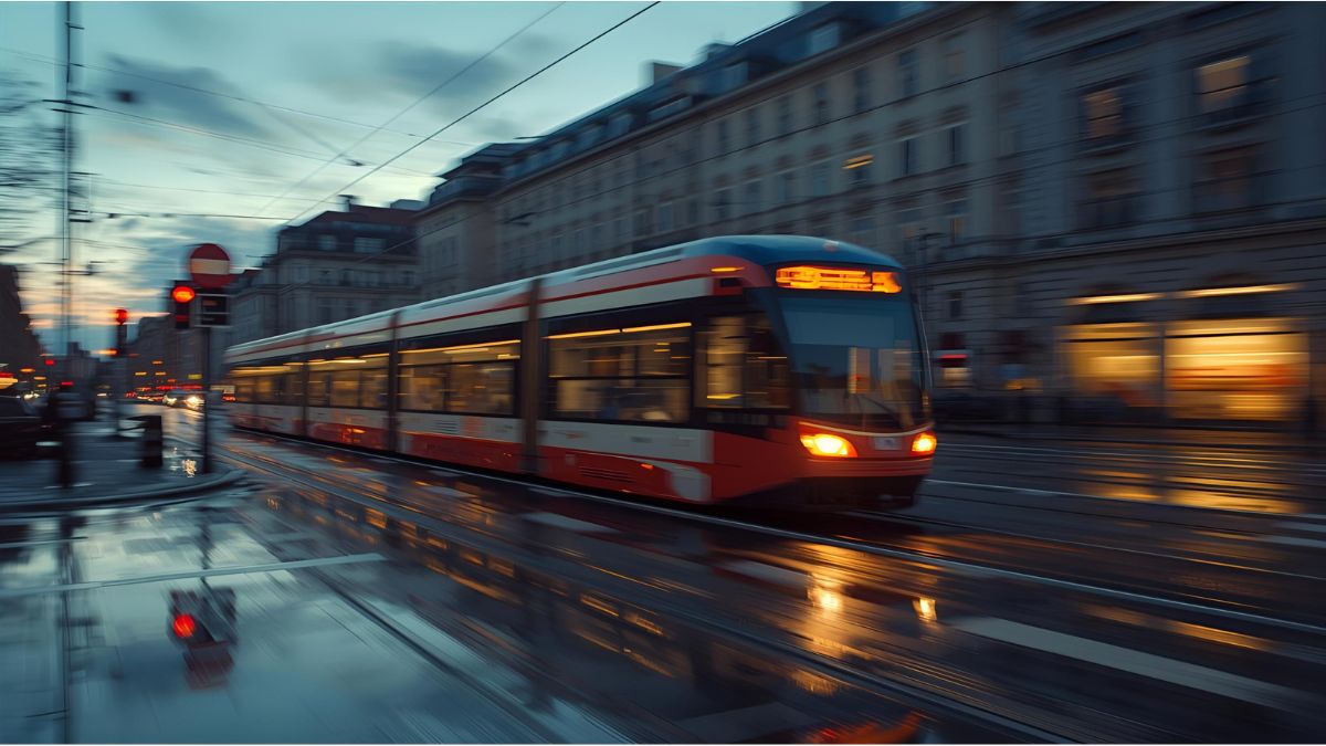 Tram on Landsberger Straße in Munich with blurred evening traffic