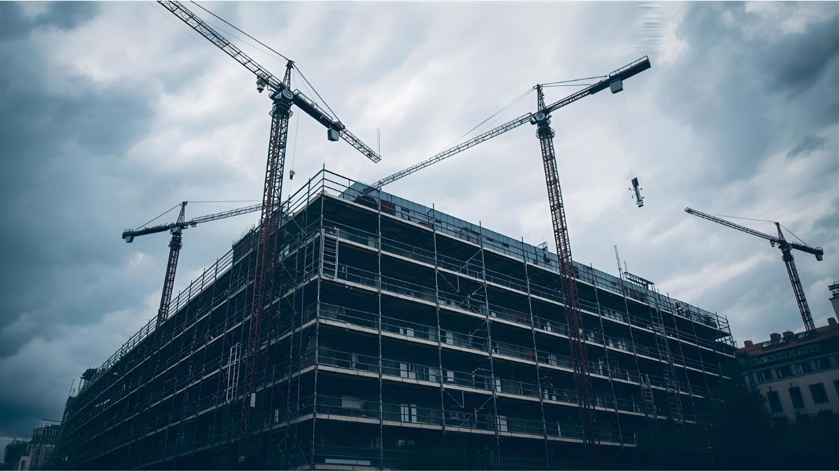 School under renovation with construction cranes in Munich’s Neuhausen district