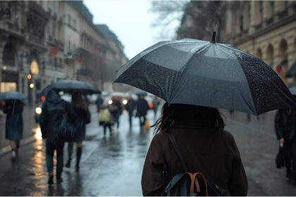 People walking with umbrellas in rainy Munich as strong winds sweep through the city