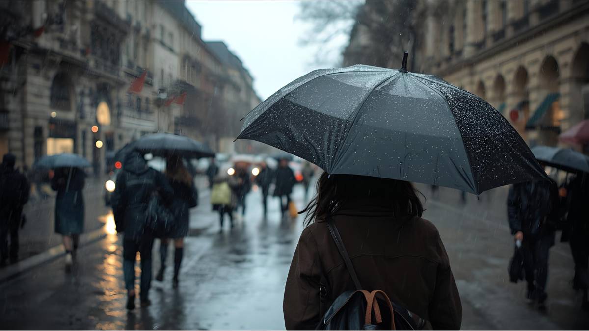 People walking with umbrellas in rainy Munich as strong winds sweep through the city