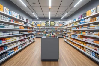 Pharmacist assisting a patient inside a modern German pharmacy.