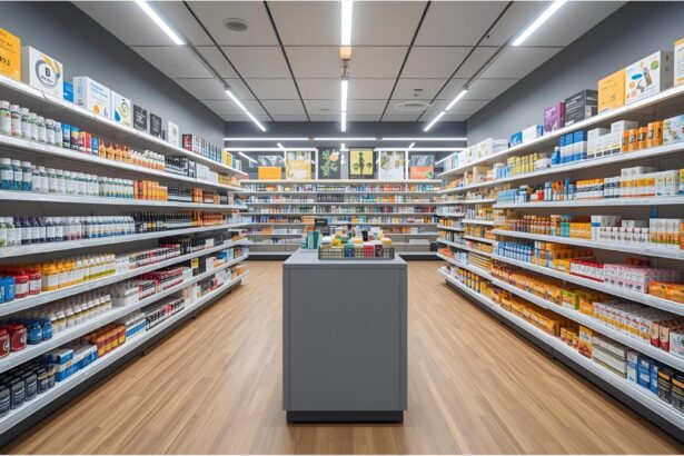 Pharmacist assisting a patient inside a modern German pharmacy.