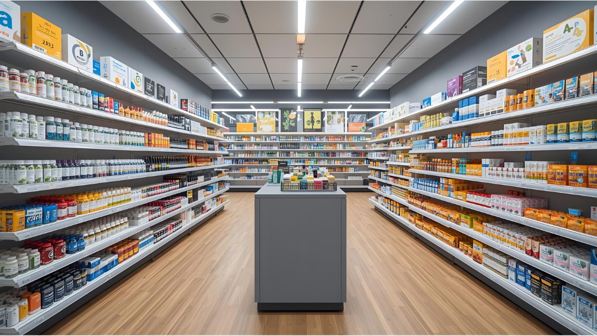 Pharmacist assisting a patient inside a modern German pharmacy.