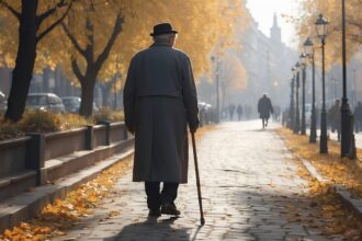 Elderly man in business clothes walking through Munich city center