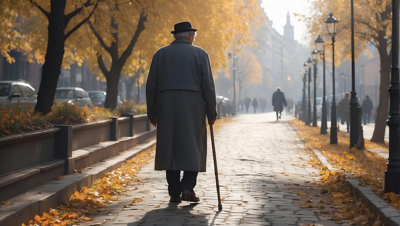 Elderly man in business clothes walking through Munich city center