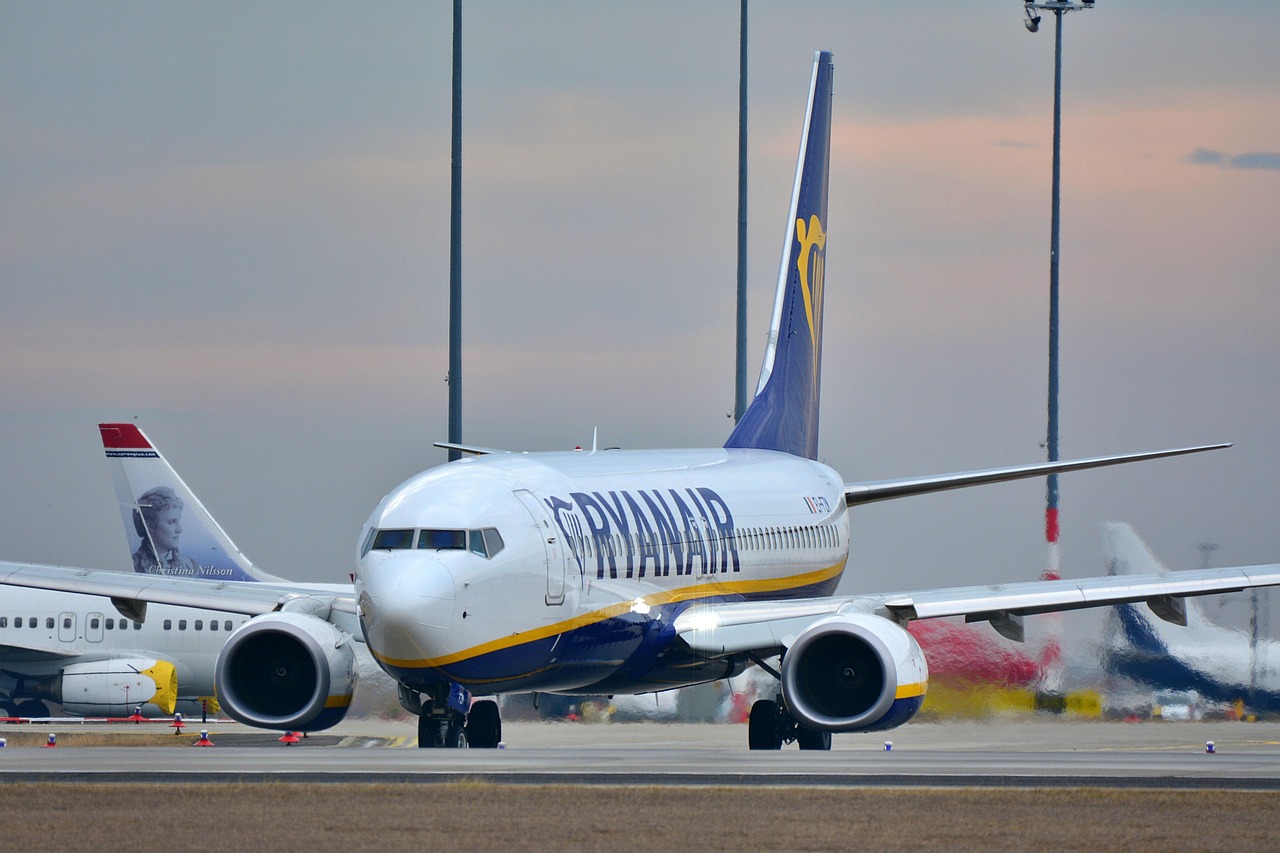 Ryanair plane departing from Memmingen Airport in Bavaria during winter