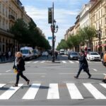 People walking on a sidewalk in Bratislava under new 6 km/h speed regulations