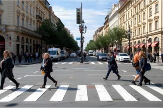 People walking on a sidewalk in Bratislava under new 6 km/h speed regulations