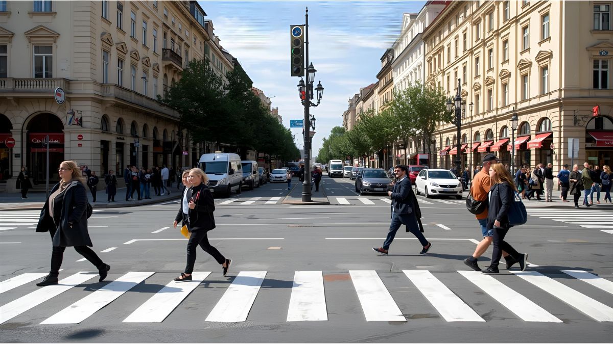 People walking on a sidewalk in Bratislava under new 6 km/h speed regulations