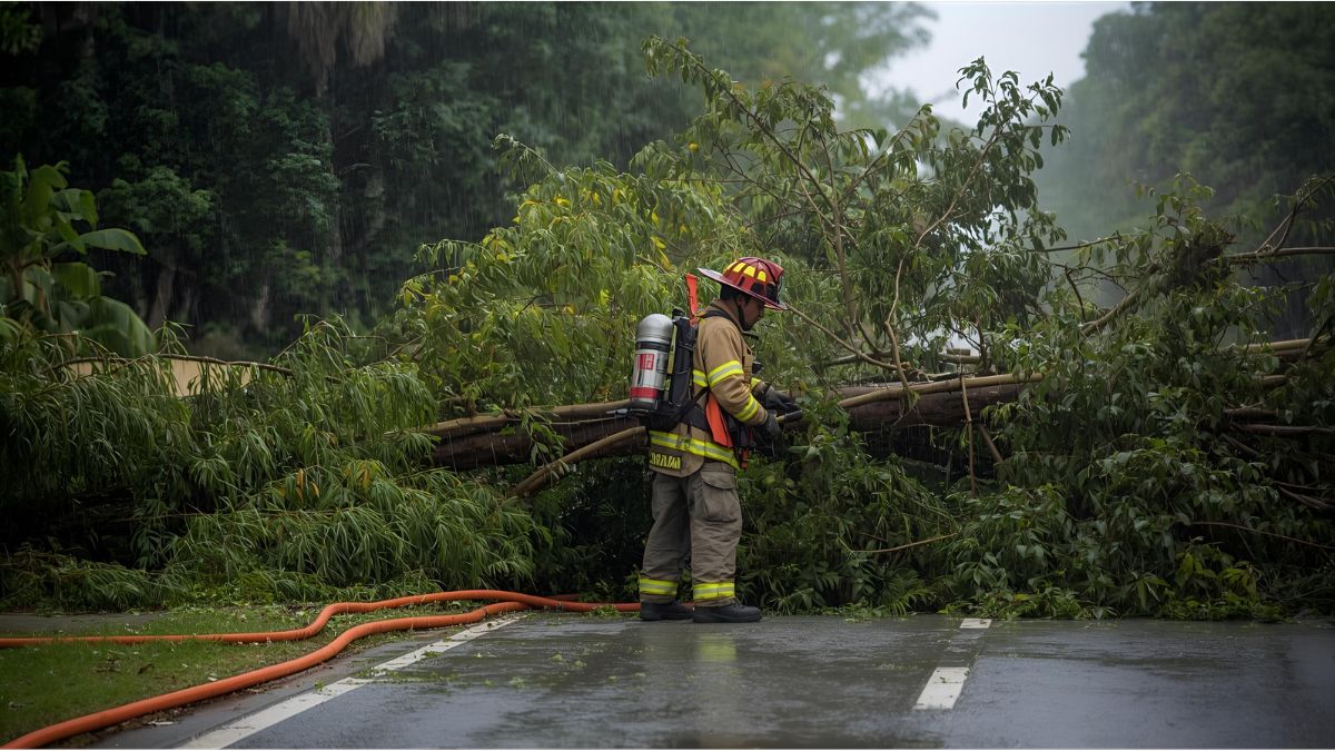 Firefighters removing fallen tree from street during storm Joshua in Germany