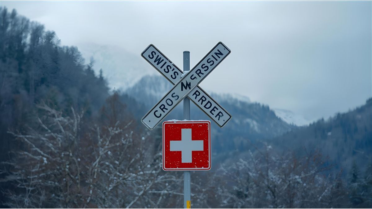 Swiss border sign covered in snow symbolising new asylum travel restrictions