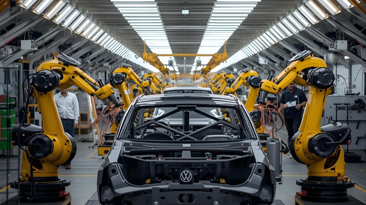 Empty Volkswagen production line in Wolfsburg due to semiconductor shortage