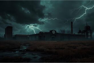 Volkswagen factory in Wolfsburg with VW logo under cloudy sky, symbolizing financial loss