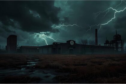 Volkswagen factory in Wolfsburg with VW logo under cloudy sky, symbolizing financial loss