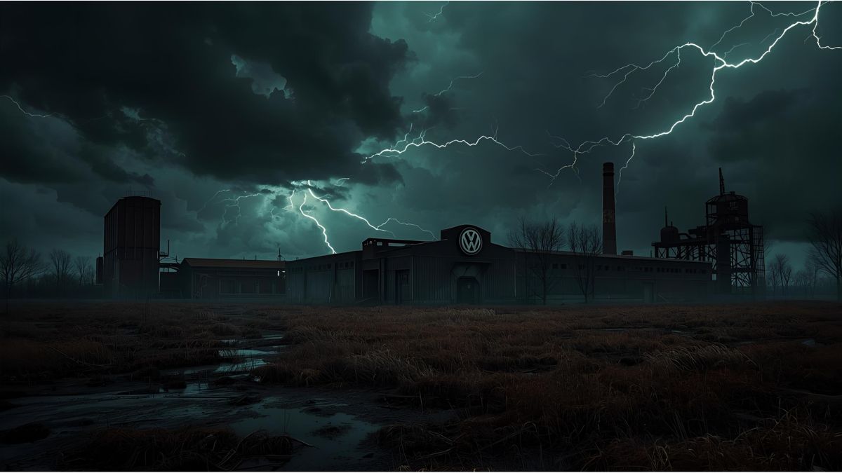 Volkswagen factory in Wolfsburg with VW logo under cloudy sky, symbolizing financial loss