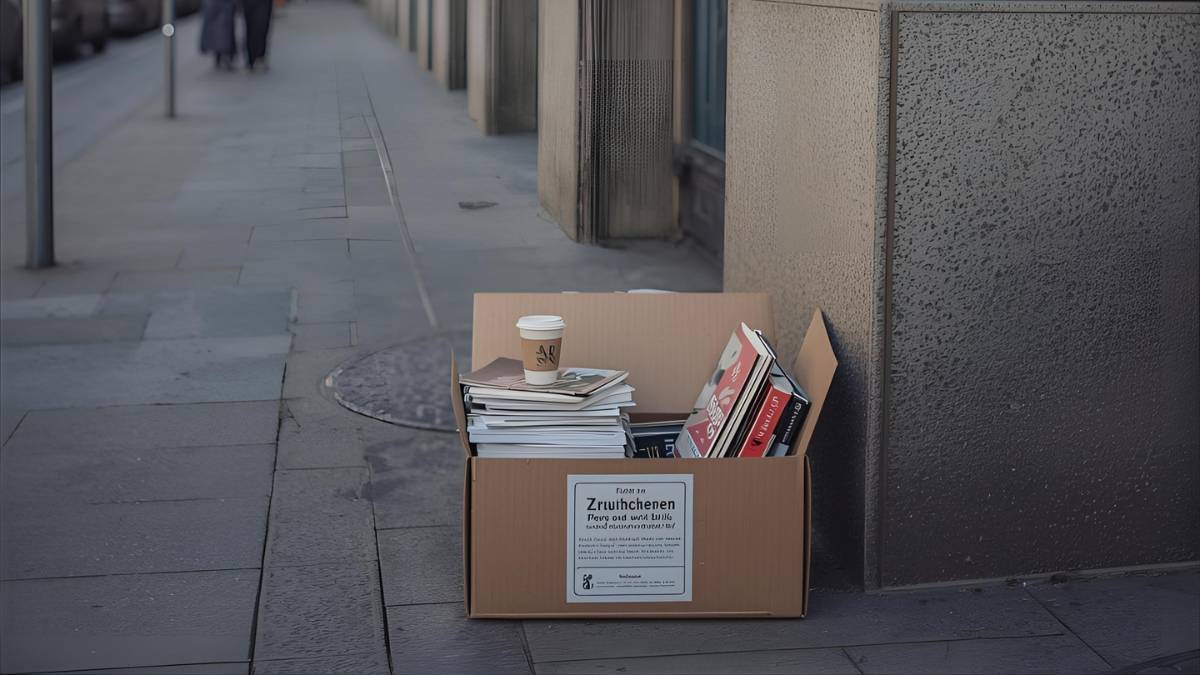 “Zu verschenken” cardboard box on German sidewalk representing new fine regulations