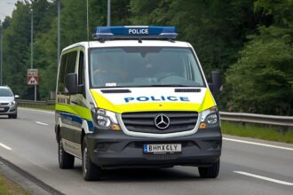 German police car stopping a vehicle on the A1 motorway during traffic investigation