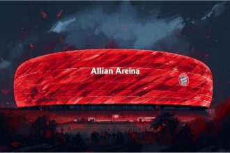 Allianz Arena glowing in red at night during a football event in Munich