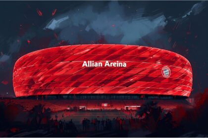 Allianz Arena glowing in red at night during a football event in Munich