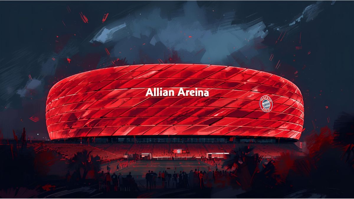 Allianz Arena glowing in red at night during a football event in Munich