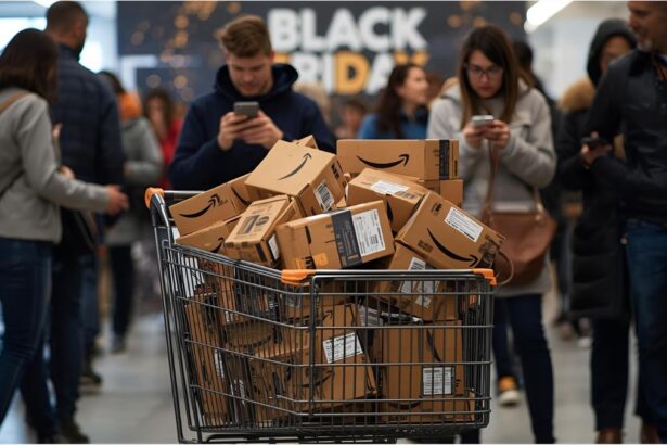 Amazon boxes and Black Friday signs in a shopping mall during sales week 2025