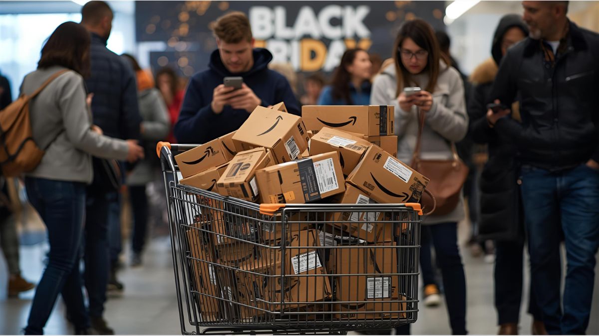 Amazon boxes and Black Friday signs in a shopping mall during sales week 2025