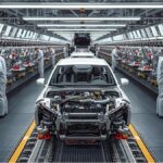 Workers assembling automotive parts at a German factory during semiconductor shortages