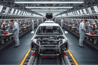 Workers assembling automotive parts at a German factory during semiconductor shortages