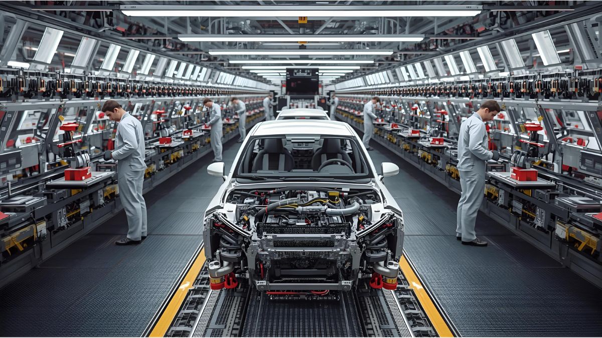 Workers assembling automotive parts at a German factory during semiconductor shortages