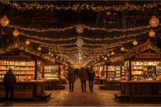 Traditional Christmas market in Germany with wooden stalls and lights