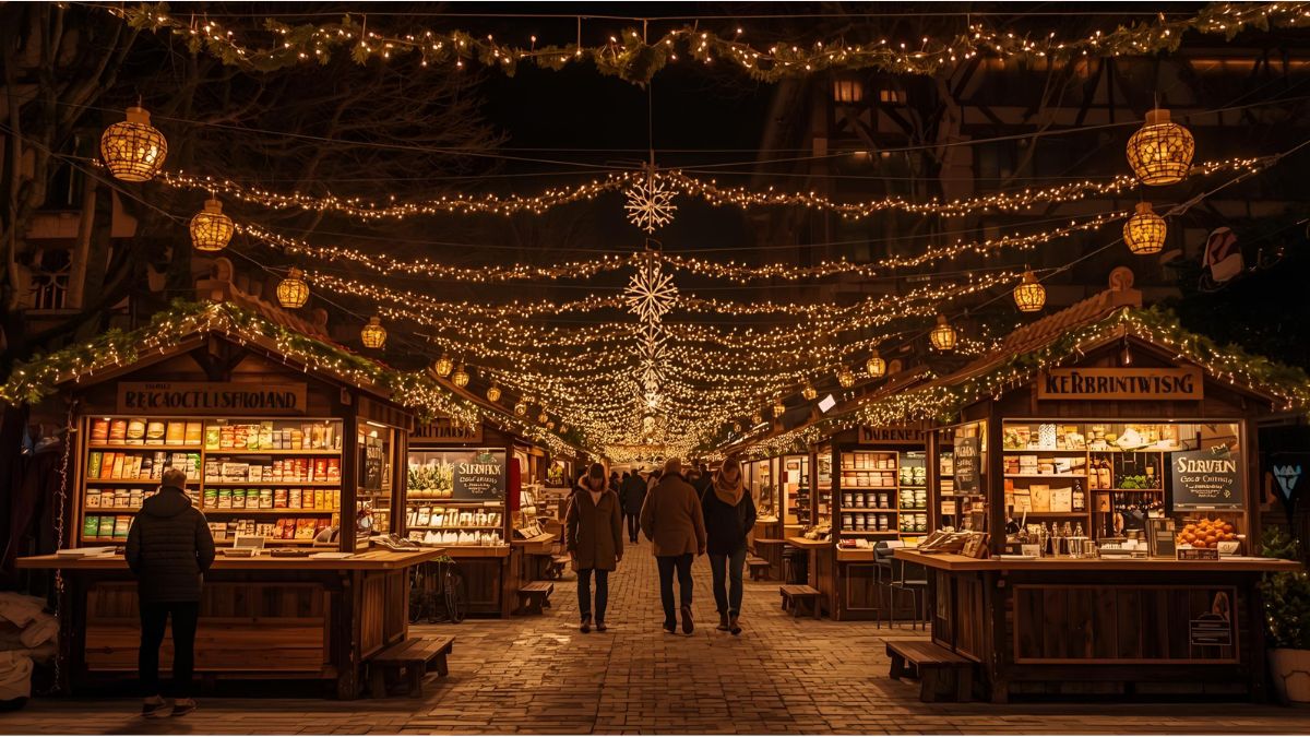 Traditional Christmas market in Germany with wooden stalls and lights